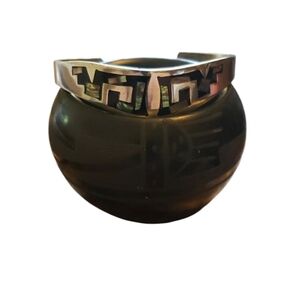 Vintage Taxco Mexico Onyx and Abalone Inlaid Cuff Bracelet